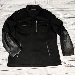 Cole Haan Black Wool Blend Jacket Men's XL Full Zip Lambskin Elbow Patches Trim